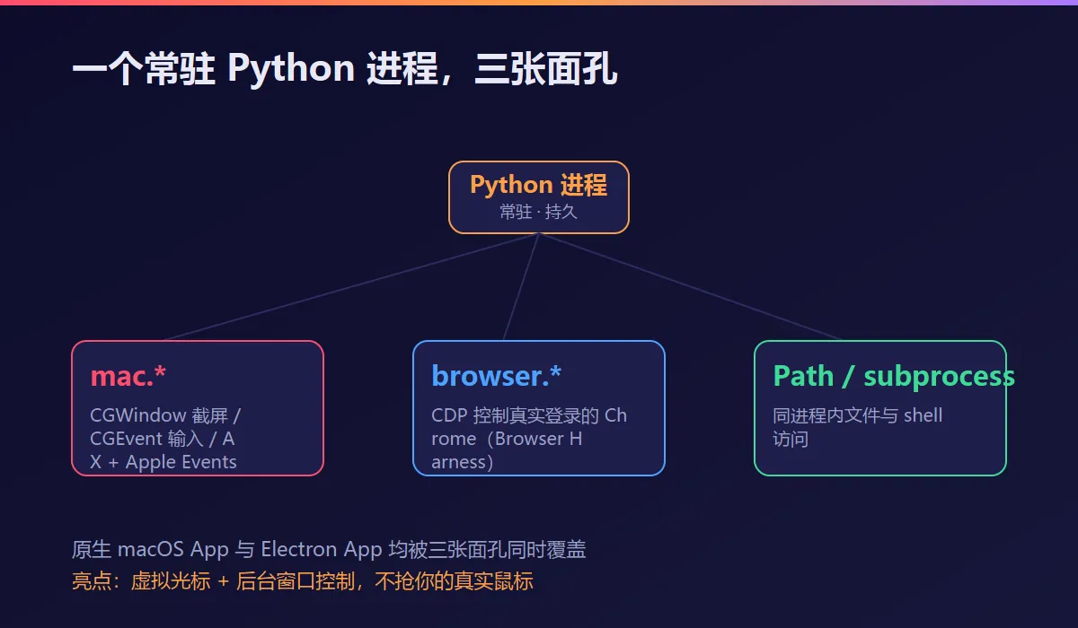 macOS Harness 架构:一个 Python 进程,三个能力面